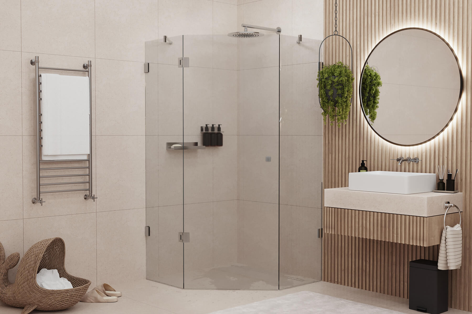 Moderne Fünfeckdusche in Badezimmer im beigen Look