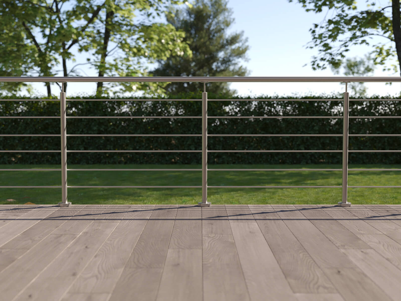 Terrassen-Innenansicht auf Relinggeländer aus Edelstahl mit rundem Design und aufgesetzter Montage