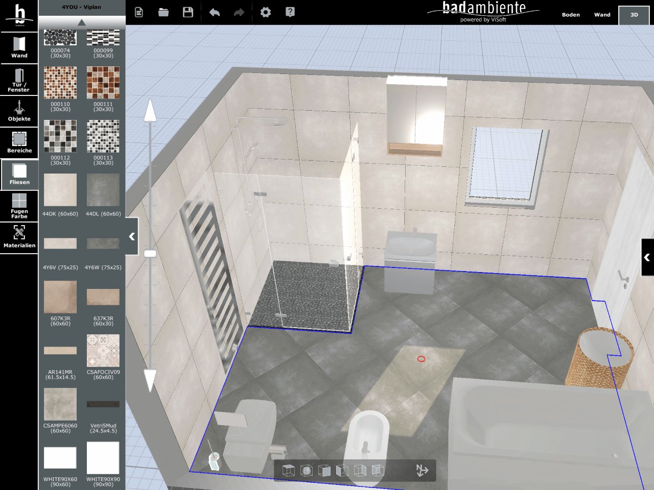 Viplan 3D Badplaner App bei Badambiente fertige 3D Planung mit Fliesen 45 grad verlegt