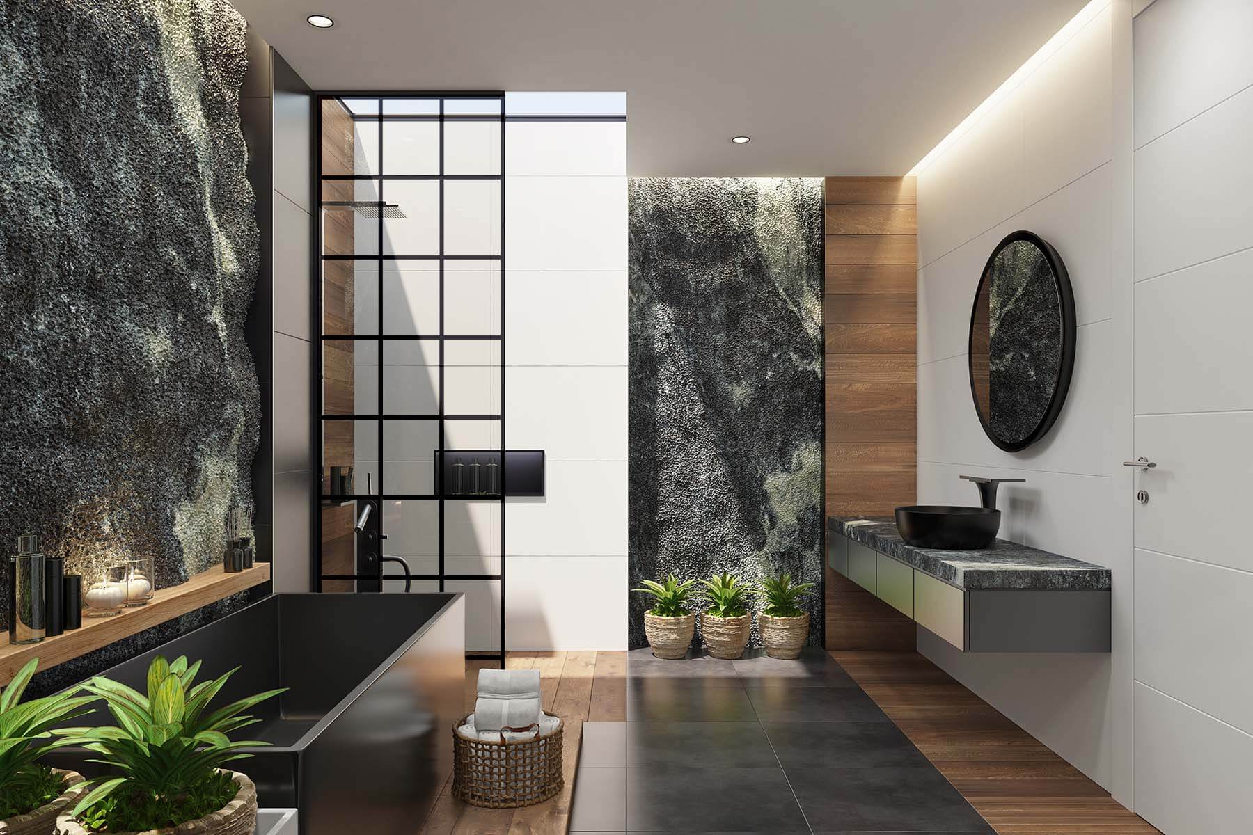 Duschwand im Loftlook als Walk-in-Dusche im Badezimmer mit botanischem Stil