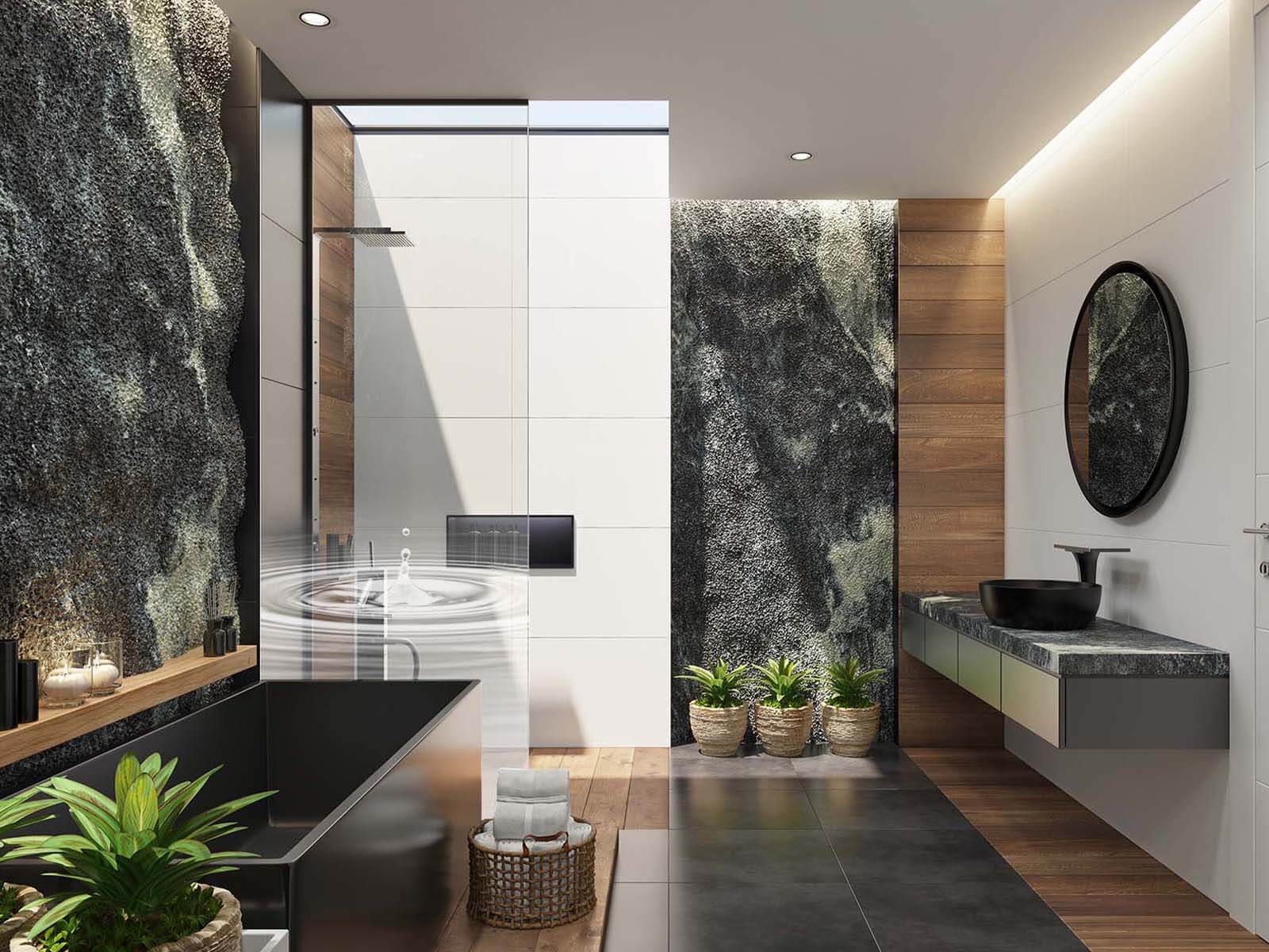 Walk-in-Duschwand mit Wassertropfen-Motiv im Badezimmer im Botanik-Design