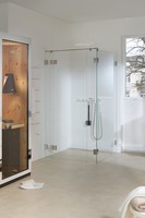 Gesamtaufnahme Dichtungslose transparente Dusche in einem großen Badezimmer