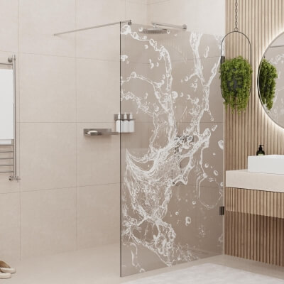 Walk-in-Duschwand mit weißem Wasserspritzer Motiv