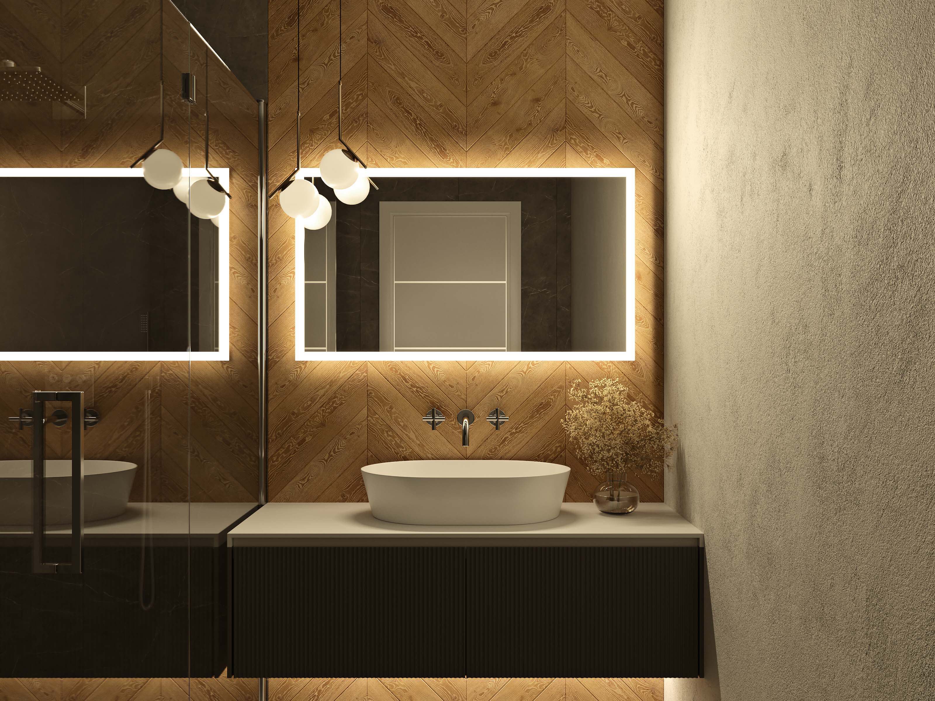 LED-Badspiegel quadratisch mit angeschalteter umlaufender warmweißer Beleuchtung in 120 x 68 cm
